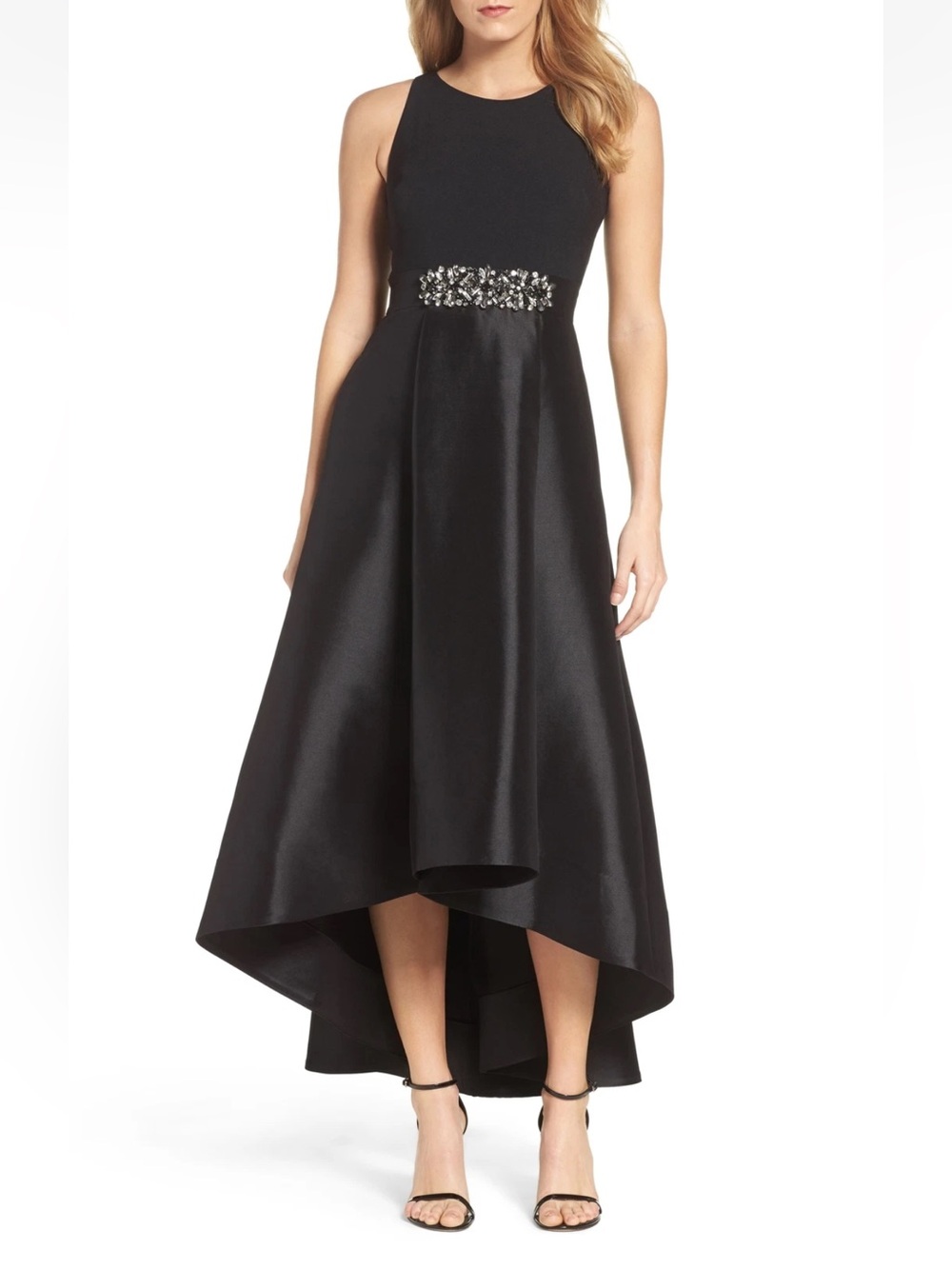 Eliza J Black High-Low Halter Dress with Jeweled Waist Size 10 EUC